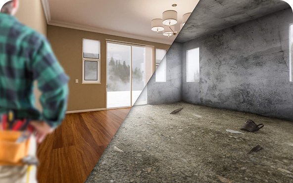 Photo of a finished basement remodel before and after